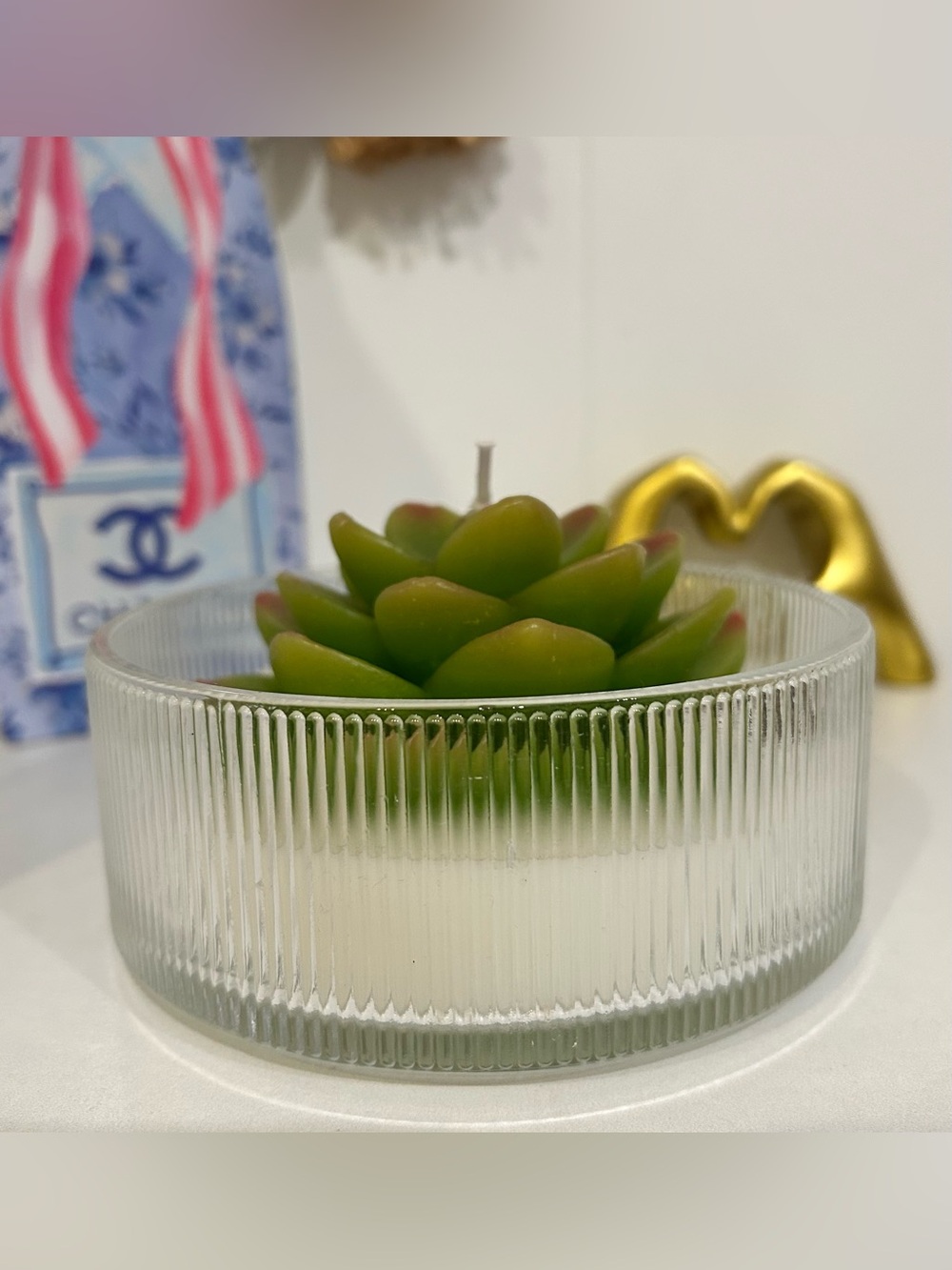 Green Succulent Candle in Clear Ribbed Glass